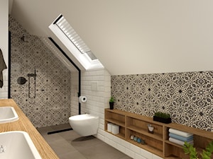 ŁAZIENKA na poddaszu - Średnia na poddaszu z dwoma umywalkami z punktowym oświetleniem łazienka z oknem, styl rustykalny - zdjęcie od GRUSZKA Wnętrza