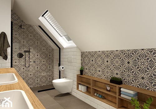 ŁAZIENKA na poddaszu - Średnia na poddaszu z dwoma umywalkami z punktowym oświetleniem łazienka z oknem, styl rustykalny - zdjęcie od GRUSZKA Wnętrza