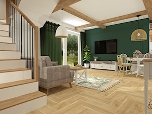 podmiejski DOM JEDNORODZINNY - Duży biały zielony salon z jadalnią, styl rustykalny - zdjęcie od GRUSZKA Wnętrza