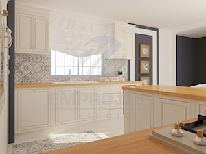 Kuchnie - Duża otwarta szara z zabudowaną lodówką z nablatowym zlewozmywakiem kuchnia w kształcie litery g z oknem, styl tradycyjny - zdjęcie od Emprojekt - Manufaktura mebli klasycznych i oświetelnia