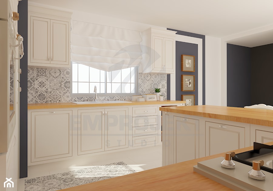 Kuchnie - Duża otwarta szara z zabudowaną lodówką z nablatowym zlewozmywakiem kuchnia w kształcie litery g z oknem, styl tradycyjny - zdjęcie od Emprojekt - Manufaktura mebli klasycznych i oświetelnia