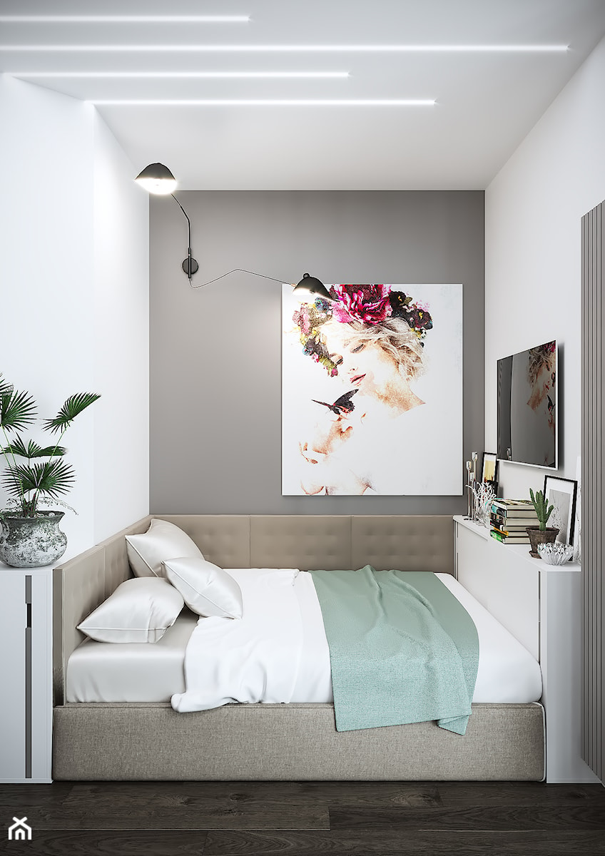 Projekt mieszkania 36m2 - Mała biała czarna sypialnia, styl nowoczesny - zdjęcie od SHAFIEVA DESIGN