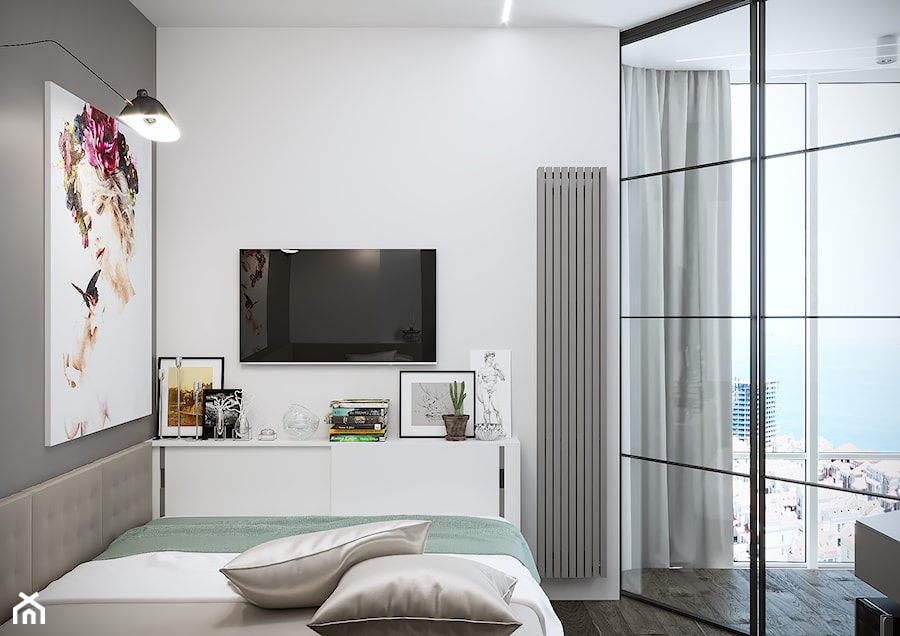Projekt mieszkania 36m2 - Średnia biała czarna sypialnia, styl nowoczesny - zdjęcie od SHAFIEVA DESIGN