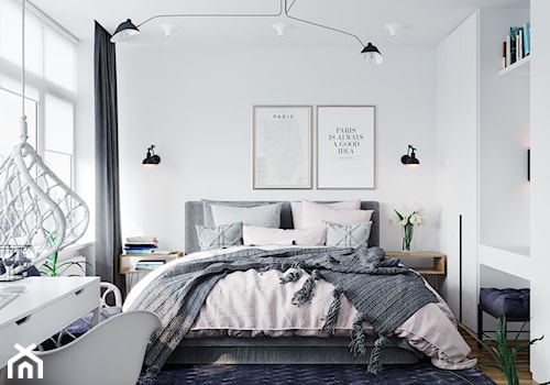 Projekt mieszkania 38m2 - Mała biała z biurkiem sypialnia, styl skandynawski - zdjęcie od SHAFIEVA DESIGN