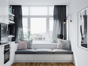 Projekt mieszkania 38m2 - Średnia zamknięta z kamiennym blatem biała z zabudowaną lodówką kuchnia w kształcie litery l z oknem, styl skandynawski - zdjęcie od SHAFIEVA DESIGN