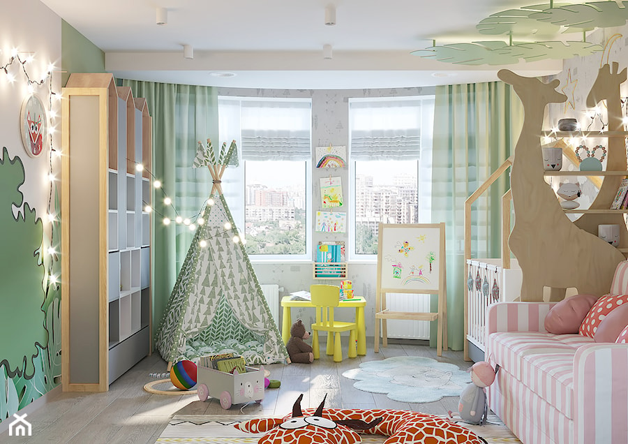 Pokój dziecka, w dwóch wersjach. - Średni szary zielony pokój dziecka dla niemowlaka dla dziecka dla dziewczynki, styl nowoczesny - zdjęcie od SHAFIEVA DESIGN