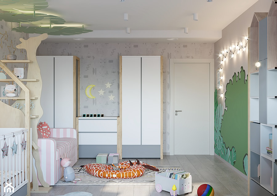 Pokój dziecka, w dwóch wersjach. - Średni szary pokój dziecka dla niemowlaka dla dziecka dla chłopca dla dziewczynki dla rodzeństwa, styl nowoczesny - zdjęcie od SHAFIEVA DESIGN