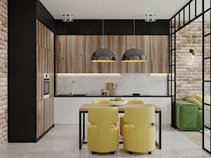 Projekt mieszkania 58,4 m2 - Średnia otwarta z salonem z kamiennym blatem szara z zabudowaną lodówką z podblatowym zlewozmywakiem kuchnia w kształcie litery l z marmurem nad blatem kuchennym, styl nowoczesny - zdjęcie od SHAFIEVA DESIGN