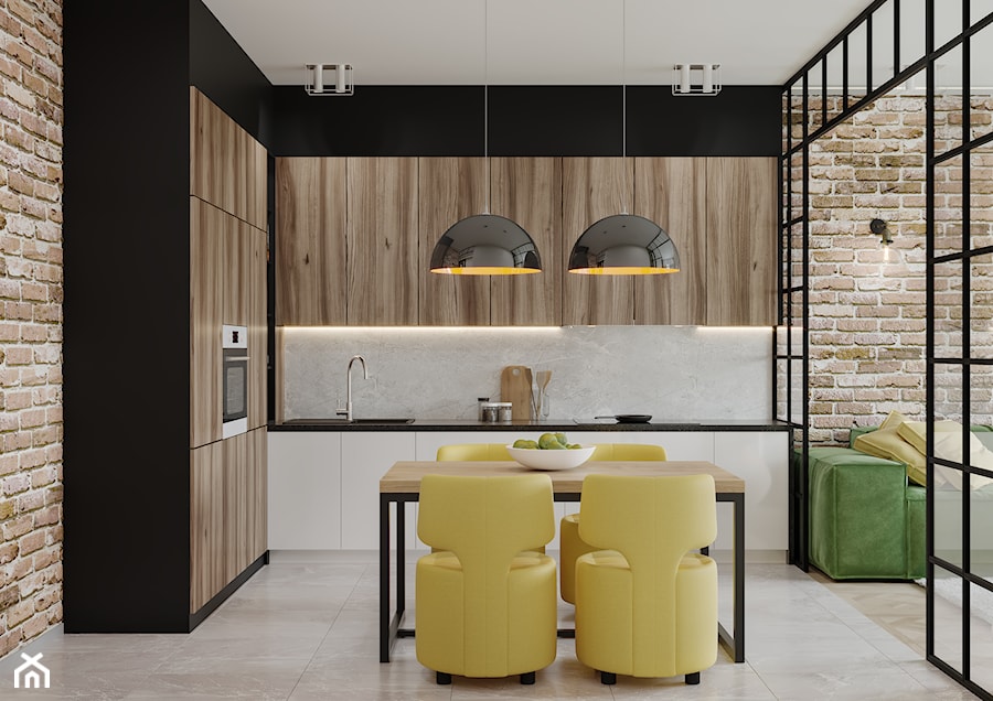 Projekt mieszkania 58,4 m2 - Średnia otwarta z salonem z kamiennym blatem szara z zabudowaną lodówką z podblatowym zlewozmywakiem kuchnia w kształcie litery l z marmurem nad blatem kuchennym, styl nowoczesny - zdjęcie od SHAFIEVA DESIGN