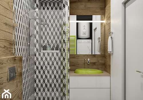 Projekt mieszkania 58,4 m2 - Mała bez okna z pralką / suszarką z lustrem z punktowym oświetleniem łazienka, styl nowoczesny - zdjęcie od SHAFIEVA DESIGN