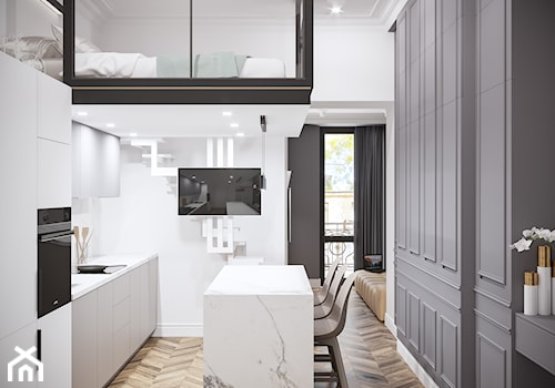 Projekt mieszkania 24m2 - Średnia otwarta z salonem biała z zabudowaną lodówką z nablatowym zlewozmywakiem kuchnia jednorzędowa z wyspą lub półwyspem, styl nowoczesny - zdjęcie od SHAFIEVA DESIGN