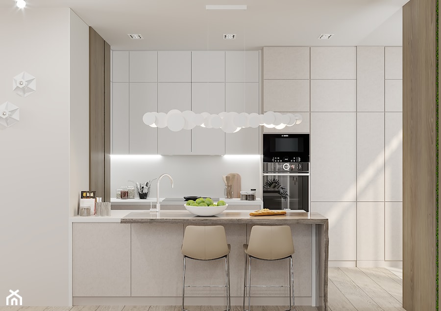 Projekt mieszkania 127m2 - Średnia otwarta z salonem biała z zabudowaną lodówką kuchnia dwurzędowa z oknem, styl nowoczesny - zdjęcie od SHAFIEVA DESIGN