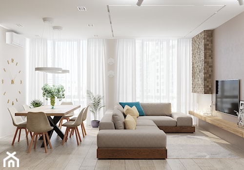 Projekt mieszkania 127m2 - Średni beżowy biały salon z jadalnią, styl nowoczesny - zdjęcie od SHAFIEVA DESIGN
