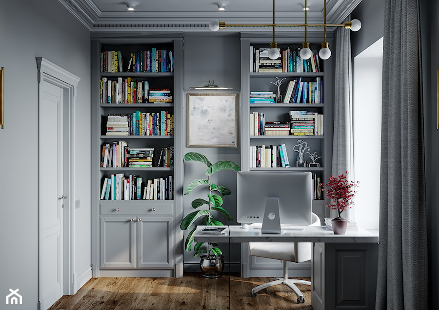 Projekt 101m2 - Małe w osobnym pomieszczeniu z zabudowanym biurkiem czarne biuro, styl nowoczesny - zdjęcie od SHAFIEVA DESIGN