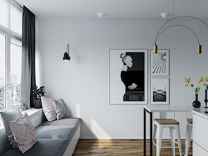Projekt mieszkania 38m2 - Mała otwarta z salonem biała szara z nablatowym zlewozmywakiem kuchnia w kształcie litery l z oknem, styl skandynawski - zdjęcie od SHAFIEVA DESIGN