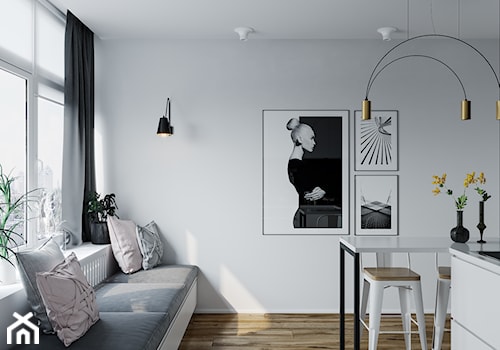 Projekt mieszkania 38m2 - Mała otwarta z salonem biała szara z nablatowym zlewozmywakiem kuchnia w kształcie litery l z oknem, styl skandynawski - zdjęcie od SHAFIEVA DESIGN