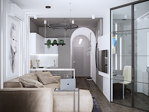 Projekt mieszkania 36m2 - Mała otwarta z salonem biała czarna z zabudowaną lodówką z nablatowym zlewozmywakiem kuchnia w kształcie litery u z marmurem nad blatem kuchennym, styl nowoczesny - zdjęcie od SHAFIEVA DESIGN