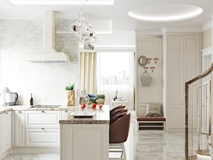 Projekt mieszkania 130m2 - Średnia otwarta z salonem beżowa biała z zabudowaną lodówką kuchnia w kształcie litery u z oknem, styl tradycyjny - zdjęcie od SHAFIEVA DESIGN