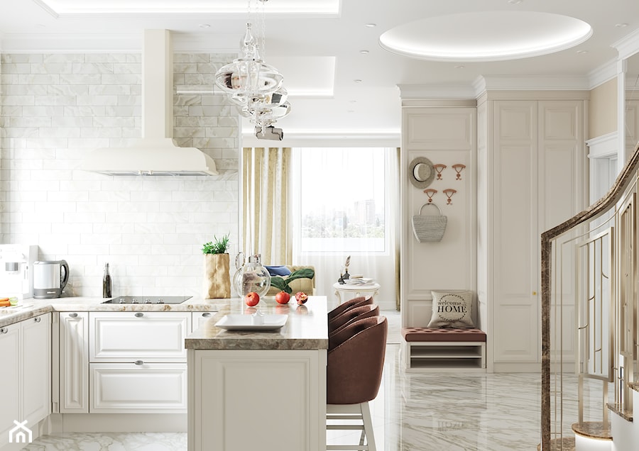 Projekt mieszkania 130m2 - Średnia otwarta z salonem beżowa biała z zabudowaną lodówką kuchnia w kształcie litery u z oknem, styl tradycyjny - zdjęcie od SHAFIEVA DESIGN