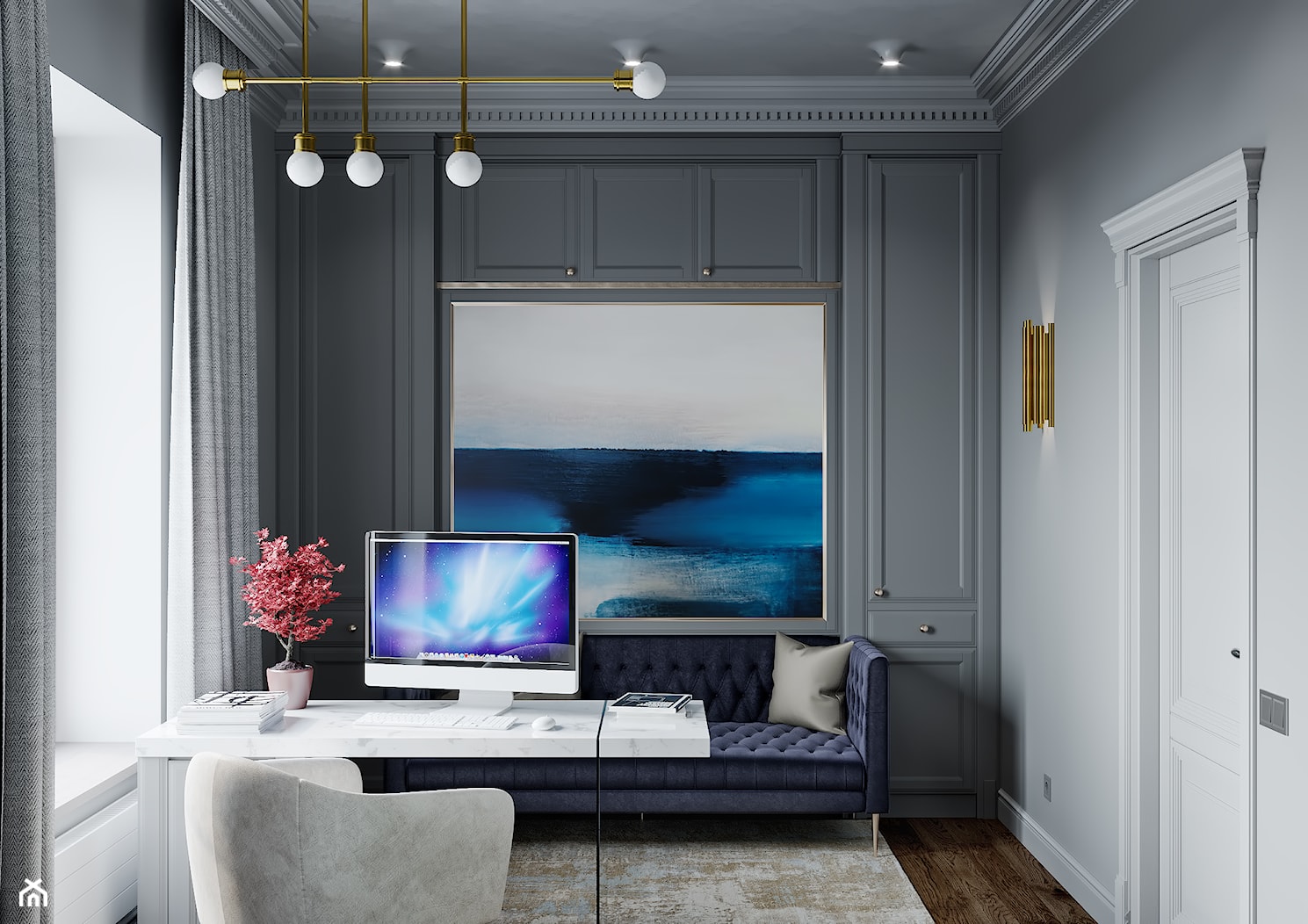 Projekt 101m2 - Średnie w osobnym pomieszczeniu z sofą białe szare biuro, styl nowoczesny - zdjęcie od SHAFIEVA DESIGN - Homebook