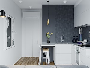 Projekt mieszkania 38m2 - Średnia zamknięta z kamiennym blatem biała czarna z zabudowaną lodówką z nablatowym zlewozmywakiem kuchnia w kształcie litery u, styl skandynawski - zdjęcie od SHAFIEVA DESIGN