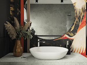 Projekt łazienki z tapetą w żurawie