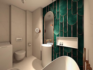 Projekt Tapeta. - Mała bez okna z lustrem z marmurową podłogą z punktowym oświetleniem łazienka, st ... - zdjęcie od Wabud Sp z o.o.