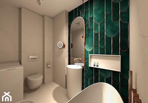 Projekt Tapeta. - Mała bez okna z lustrem z marmurową podłogą z punktowym oświetleniem łazienka, styl nowoczesny - zdjęcie od Wabud Sp z o.o.