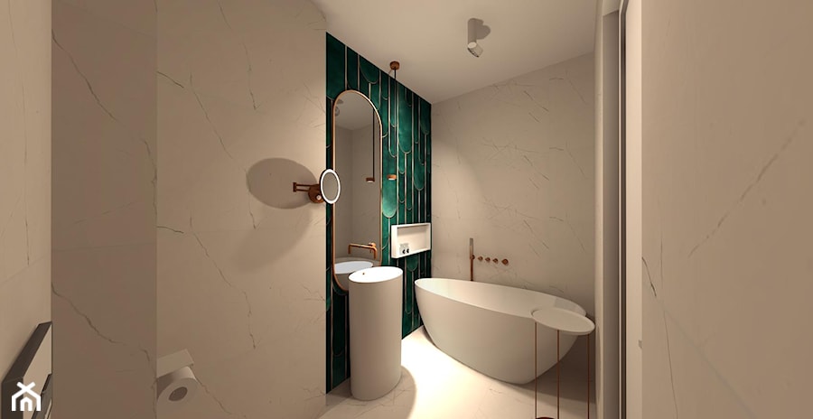 Projekt Tapeta. - Mała bez okna z lustrem z marmurową podłogą z punktowym oświetleniem łazienka, styl nowoczesny - zdjęcie od Wabud Sp z o.o.