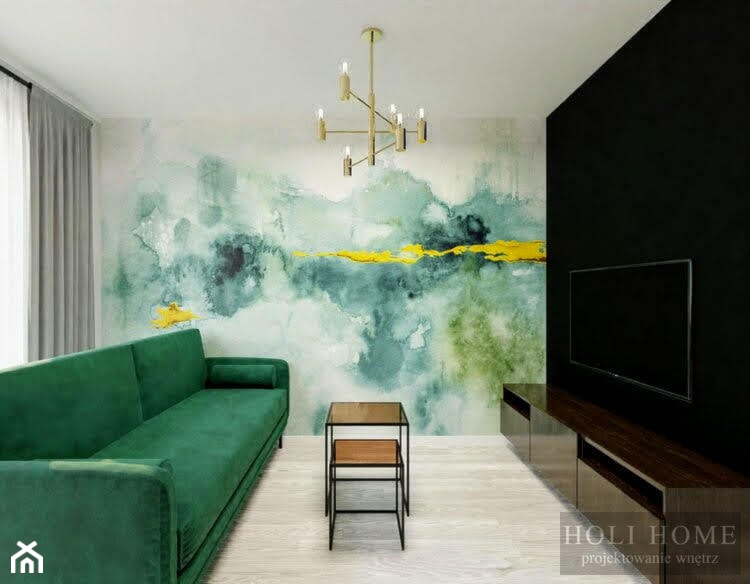 Salon z designerską tapetą na ścianie - Złoto i butelkowa zieleń - zdjęcie od Holi Home - Homebook