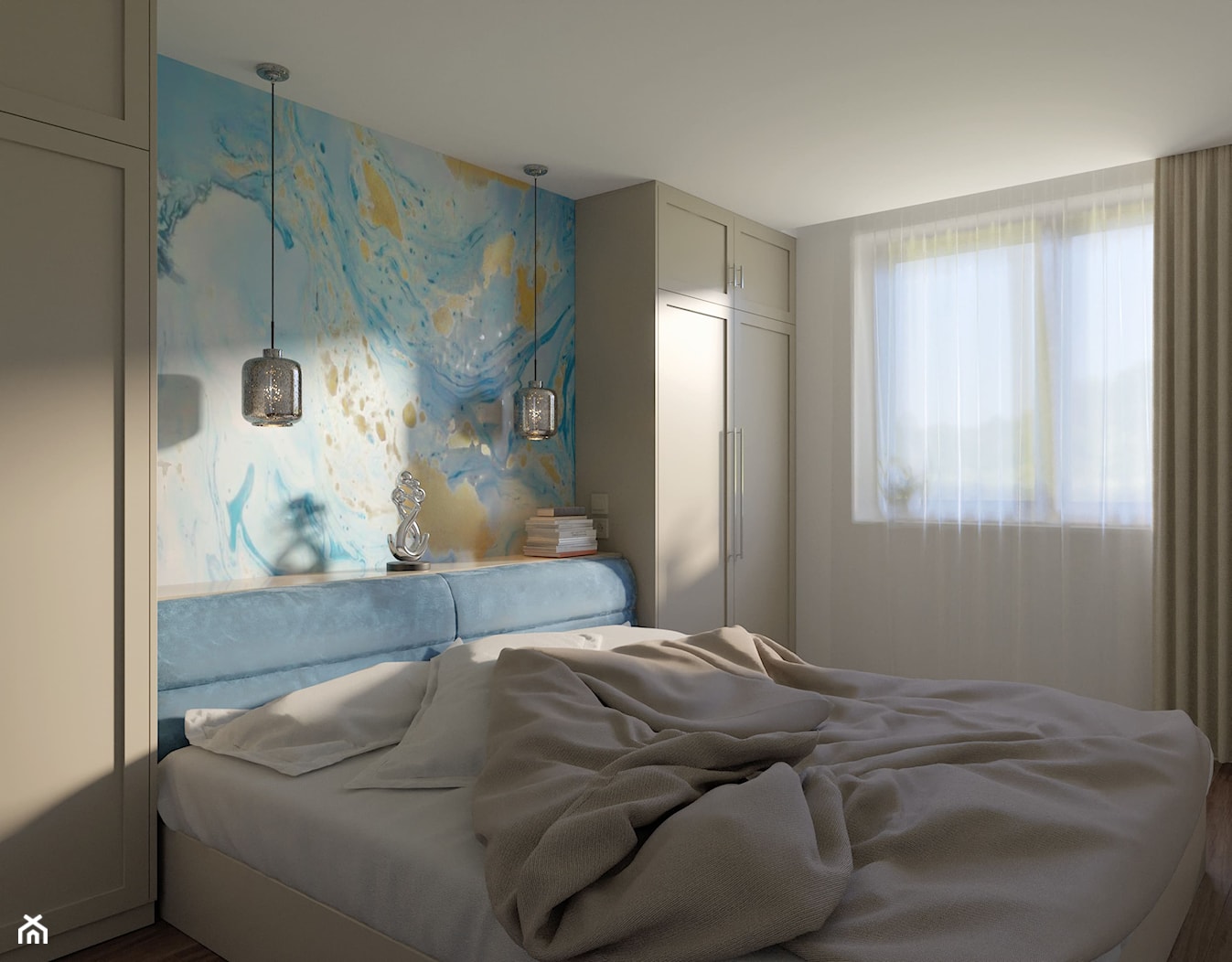 Sypialnia z designerską fototapetą w odcieniach niebieskiego i złota - zdjęcie od Holi Home - Homebook