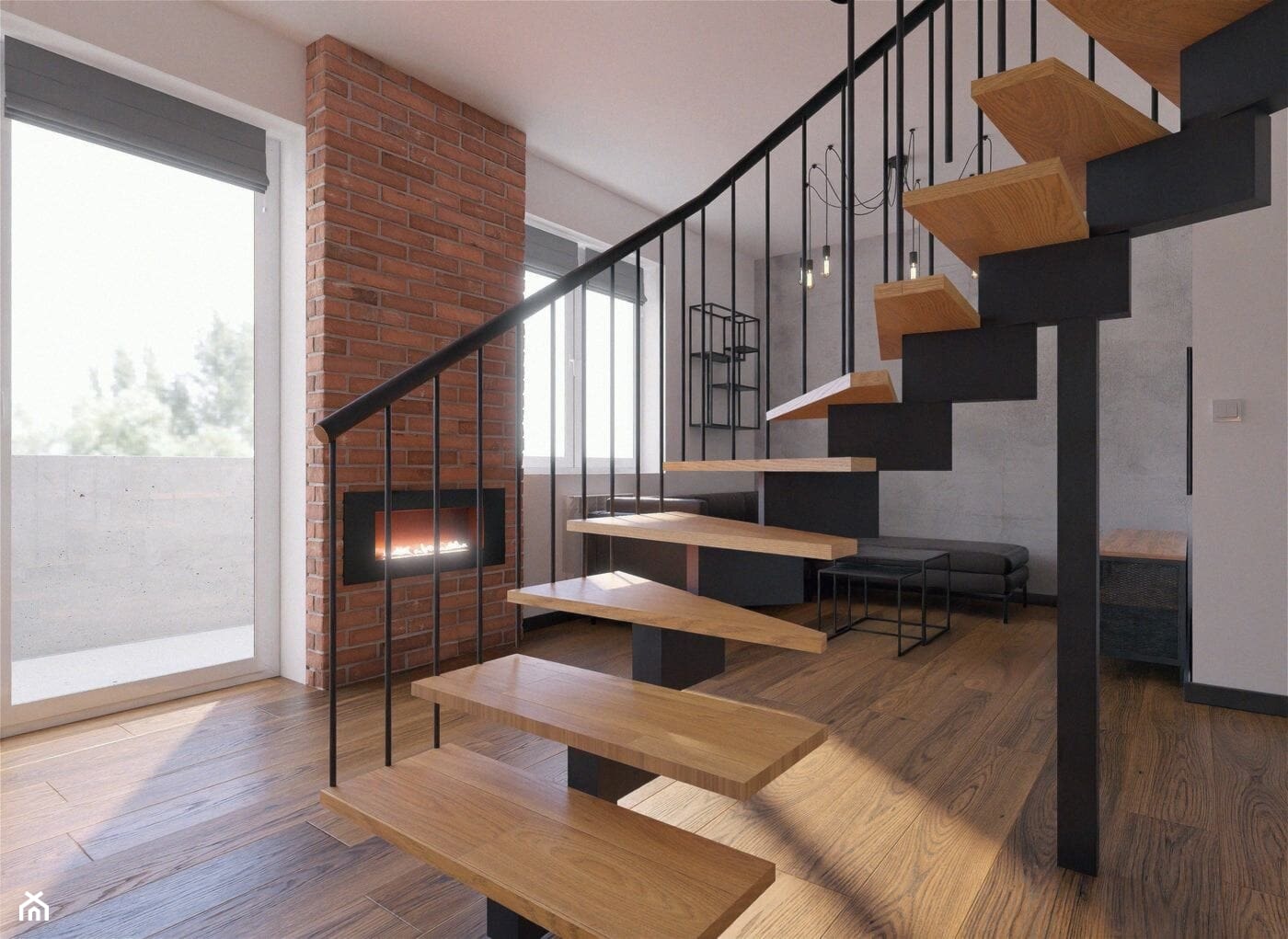 Salon z kominkiem - cegła i industrialne schody - zdjęcie od Holi Home - Homebook