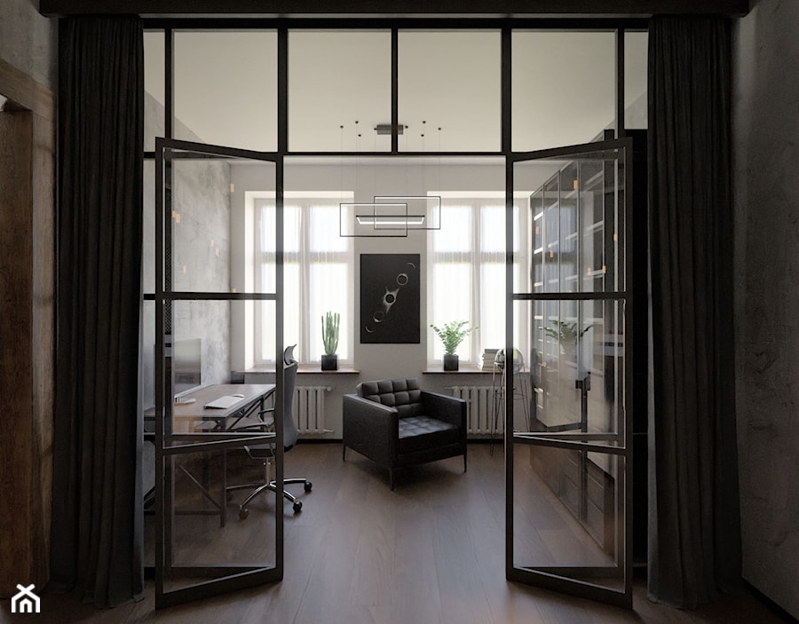 Biuro z metalowymi drzwiami w stylu loft/ industrial - zdjęcie od Holi Home
