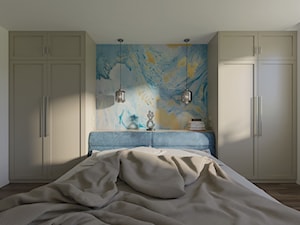 Sypialnia z designerską fototapetą w odcieniach niebieskiego i złota - zdjęcie od Holi Home