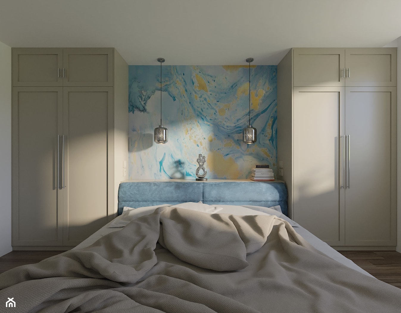 Sypialnia z designerską fototapetą w odcieniach niebieskiego i złota - zdjęcie od Holi Home - Homebook