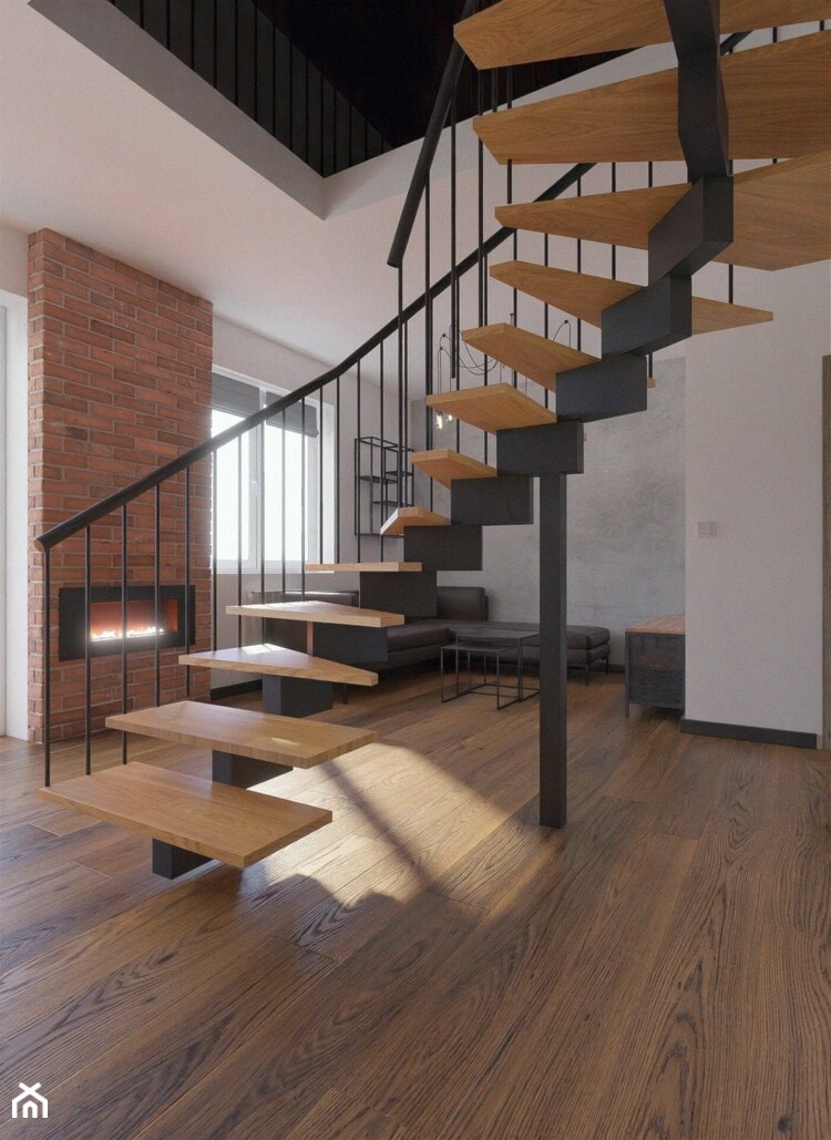 Salon z industrialnymi / loftowymi schodami - zdjęcie od Holi Home