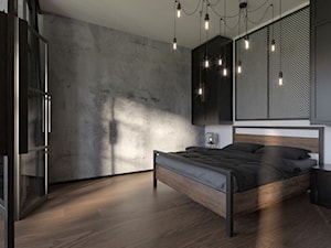 Sypialnia w stylu industrialnym z dekoracyjnym betonem na ścianie - zdjęcie od Holi Home