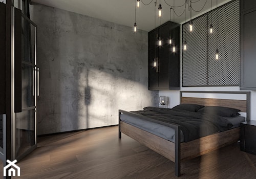 Sypialnia w stylu industrialnym z dekoracyjnym betonem na ścianie - zdjęcie od Holi Home