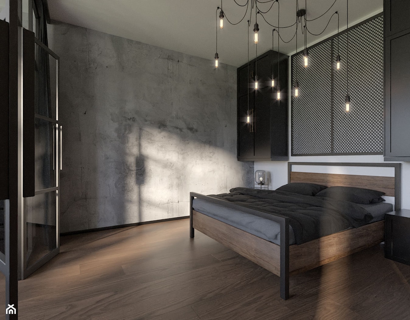 Sypialnia w stylu industrialnym z dekoracyjnym betonem na ścianie - zdjęcie od Holi Home - Homebook