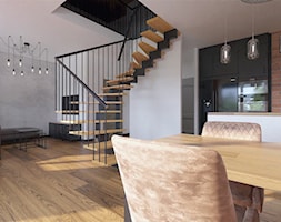 Salon z kuchnią i jadalnią z industrialnymi / loftowymi schodami - zdjęcie od Holi Home - Homebook