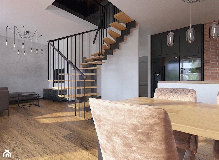 Salon z kuchnią i jadalnią z industrialnymi / loftowymi schodami - zdjęcie od Holi Home