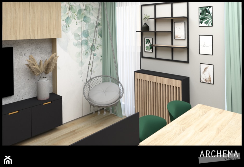 Salon z aneksem kuchennym w zieleni - Salon, styl nowoczesny - zdjęcie od Archema Studio - Homebook
