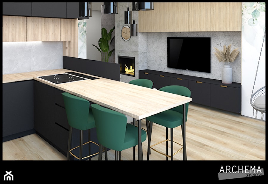 Salon z aneksem kuchennym w zieleni - Salon, styl nowoczesny - zdjęcie od Archema Studio
