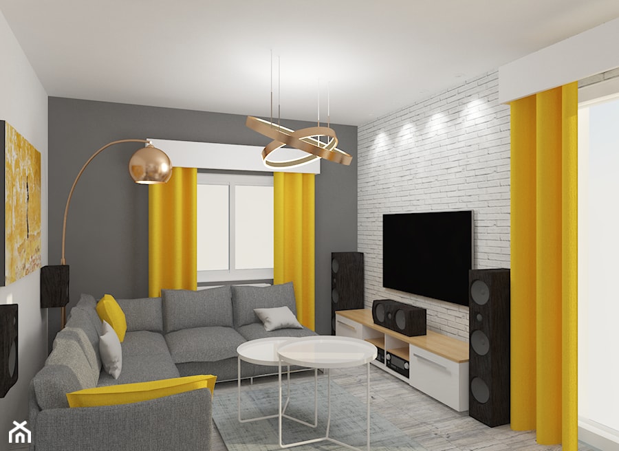 Jasny salon z mocnymi żółtymi dodatkami - zdjęcie od Studio prosta forma