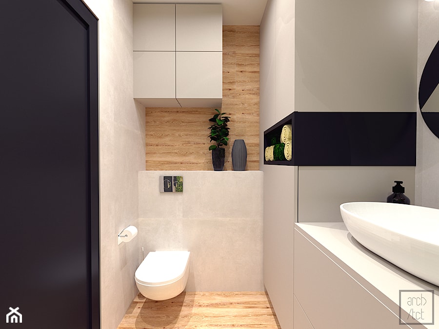 Beżowa łazienka z drewnem - zdjęcie od Pracownia Projektowa Arch/tecture