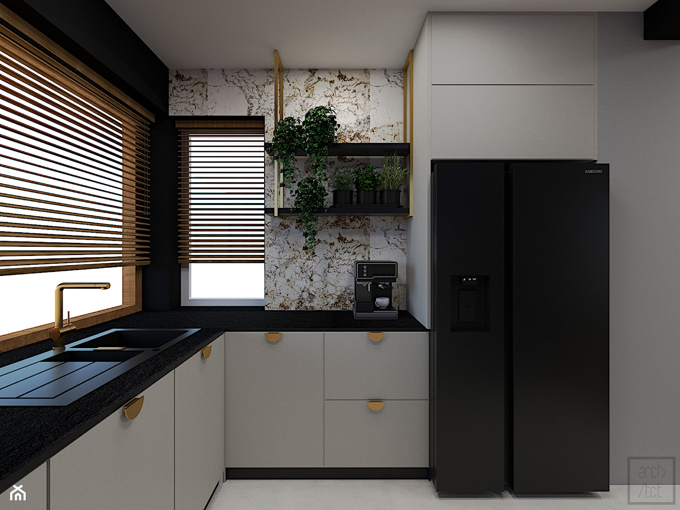Parter domu z jodełką i czernią - Kuchnia, styl nowoczesny - zdjęcie od Pracownia Projektowa Arch/tecture - Homebook