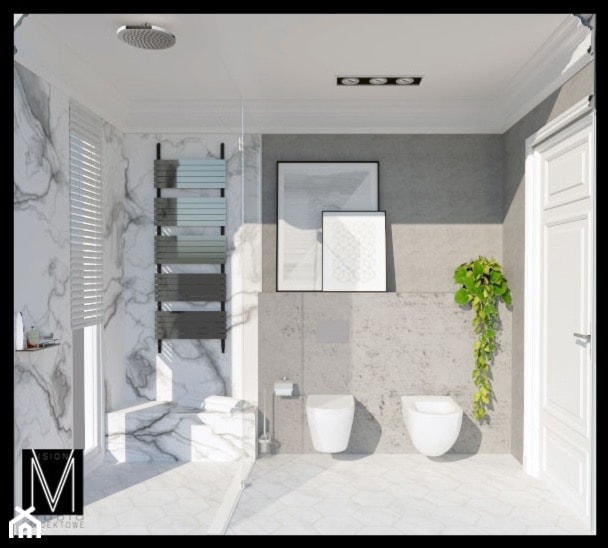 Projekt łazienki w bloku - Świnoujście - Średnia z marmurową podłogą z punktowym oświetleniem łazienka z oknem, styl nowoczesny - zdjęcie od MVision Studio Projektowe