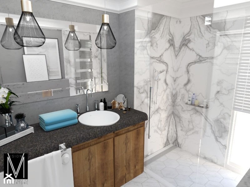 Projekt łazienki w bloku - Świnoujście - Średnia z lustrem łazienka z oknem, styl nowoczesny - zdjęcie od MVision Studio Projektowe