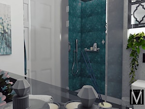 Nowojorska łazienka w Świnoujściu - Średnia biała czarna niebieska łazienka w bloku w domu jednorodz ... - zdjęcie od MVision Studio Projektowe