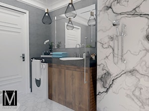 Projekt łazienki w bloku - Świnoujście - Średnia biała czarna łazienka w bloku w domu jednorodzinnym ... - zdjęcie od MVision Studio Projektowe